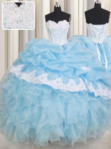 Organza Sweetheart Sleeveless Lace Up Beading and Lace and Ruffles and Pick Ups Quince Ball Gowns in Light Blue
