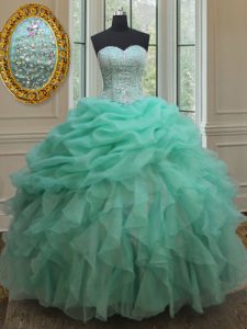 Luxury Apple Green Ball Gowns Beading and Ruffles and Pick Ups Ball Gown Prom Dress Lace Up Organza Sleeveless Floor Len