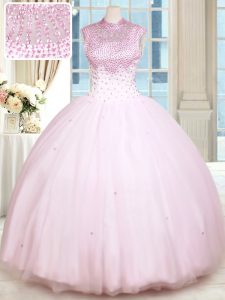 Floor Length Lace Up Quinceanera Gowns Baby Pink for Military Ball and Sweet 16 and Quinceanera with Beading