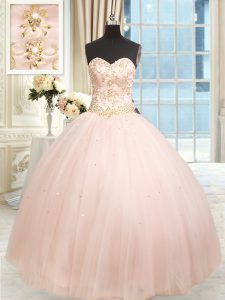Sweetheart Sleeveless Ball Gown Prom Dress Floor Length Beading and Embroidery Baby Pink Satin and Tulle