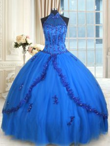 Charming Halter Top See Through Floor Length Lace Up Quinceanera Gowns Blue for Military Ball and Sweet 16 and Quinceane