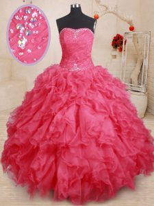 Modest Organza Sweetheart Sleeveless Lace Up Beading and Ruffles Vestidos de Quinceanera in Coral Red