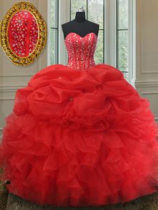 Sleeveless Organza Lace Up Quinceanera Gowns in Red with Beading and Ruffles and Pick Ups