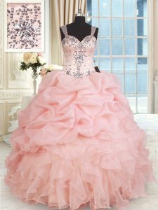 Fantastic Straps Baby Pink Ball Gowns Beading and Ruffles and Pick Ups Quinceanera Gown Zipper Organza Sleeveless Floor 