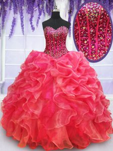 Glittering Sweetheart Sleeveless Quinceanera Dresses Floor Length Beading and Ruffles Coral Red Organza