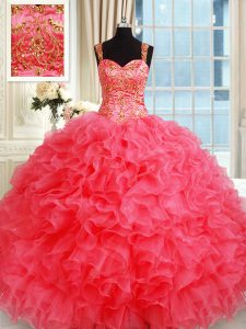 Shining Straps Sleeveless Organza Quinceanera Dresses Beading and Ruffles Lace Up