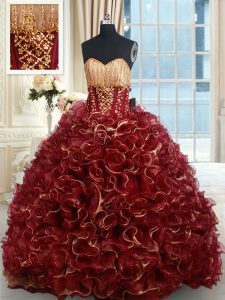 Exceptional Burgundy Organza Lace Up Sweetheart Sleeveless Sweet 16 Dresses Brush Train Beading and Ruffles