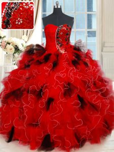 Black and Red Sleeveless Floor Length Beading and Ruffles and Sequins Lace Up Ball Gown Prom Dress