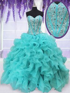 Captivating Sweetheart Sleeveless Organza 15th Birthday Dress Beading and Ruffles Lace Up