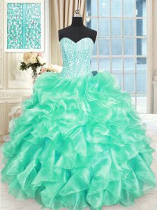 Spectacular Turquoise Sleeveless Beading and Ruffles Floor Length Ball Gown Prom Dress
