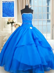 Blue Organza Lace Up Strapless Sleeveless Floor Length Vestidos de Quinceanera Court Train Beading and Lace and Sequins