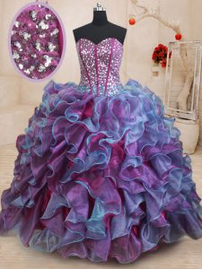 Multi-color Lace Up Sweetheart Ruffles and Sequins Sweet 16 Dress Organza Sleeveless