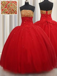 Red Ball Gown Prom Dress Military Ball and Sweet 16 and Quinceanera and For with Beading Strapless Sleeveless Lace Up