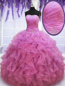 Low Price Sleeveless Organza Floor Length Lace Up Ball Gown Prom Dress in Lilac with Beading and Ruffles