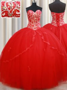 Ball Gowns Quinceanera Gown Red Sweetheart Tulle Sleeveless Floor Length Lace Up