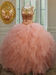 See Through Ball Gowns Sweet 16 Dress Peach Scoop Tulle Sleeveless Floor Length Lace Up