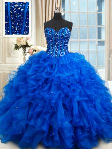 Designer Organza Sweetheart Sleeveless Lace Up Beading and Ruffles Sweet 16 Quinceanera Dress in Royal Blue
