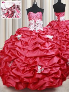 Coral Red Lace Up 15 Quinceanera Dress Beading and Appliques and Sequins and Pick Ups Sleeveless With Brush Train