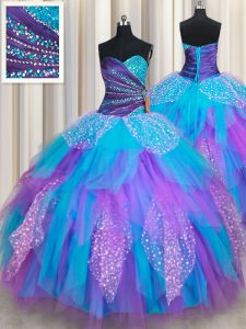 Floor Length Lace Up Quince Ball Gowns Multi-color for Military Ball and Sweet 16 and Quinceanera with Beading and Ruffl