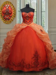 Dynamic Sleeveless With Train Beading and Embroidery and Pick Ups Lace Up Quinceanera Dress with Orange Red Brush Train