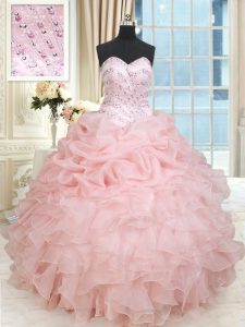 Cheap Baby Pink Sweetheart Neckline Beading and Ruffles and Pick Ups Quinceanera Gowns Sleeveless Lace Up