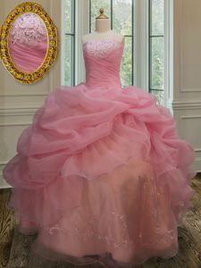 Comfortable Pick Ups Floor Length Pink 15th Birthday Dress Strapless Sleeveless Lace Up