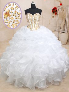 Best Sweetheart Sleeveless Lace Up Quinceanera Gowns White Organza