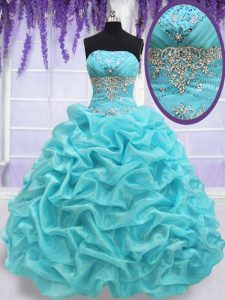 Exceptional Pick Ups Strapless Sleeveless Lace Up Quince Ball Gowns Aqua Blue Organza