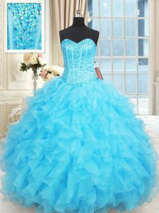 Smart Ruffled Sweetheart Sleeveless Lace Up Quince Ball Gowns Aqua Blue Organza