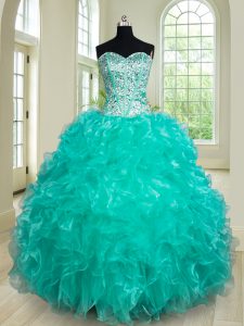 Suitable Sleeveless Organza Floor Length Lace Up Ball Gown Prom Dress in Turquoise with Beading and Ruffles