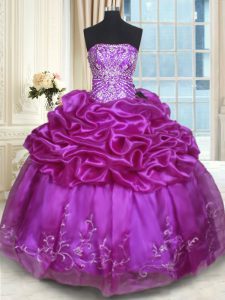 Extravagant Sleeveless Organza Floor Length Lace Up Sweet 16 Dresses in Eggplant Purple with Beading and Embroidery and 