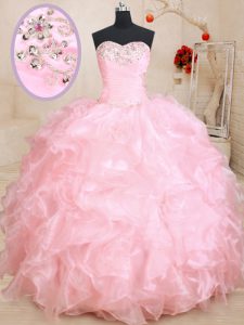Flare Baby Pink Sleeveless Organza Lace Up Sweet 16 Dresses for Military Ball and Sweet 16 and Quinceanera