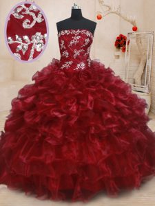 Fancy Burgundy Organza Lace Up Sweet 16 Quinceanera Dress Sleeveless Floor Length Beading and Ruffles and Ruffled Layers