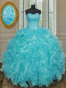 Graceful Sleeveless Organza Floor Length Lace Up Vestidos de Quinceanera in Aqua Blue with Beading and Ruffles