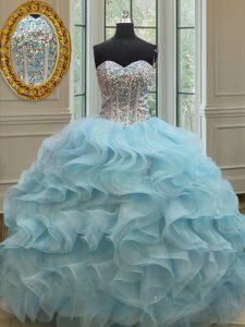 Best Selling Light Blue Sleeveless Floor Length Beading and Ruffles and Sequins Lace Up 15 Quinceanera Dress