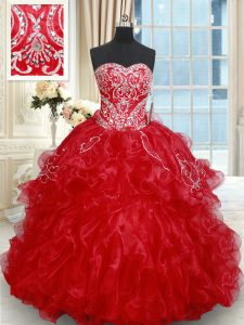 Organza Sweetheart Sleeveless Brush Train Lace Up Beading and Embroidery and Ruffled Layers Ball Gown Prom Dress in Red