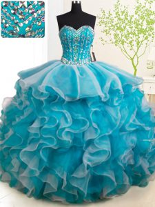 Teal Sleeveless With Train Beading and Ruffles Lace Up Sweet 16 Dress