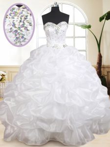 Sleeveless Organza Floor Length Lace Up 15th Birthday Dress in White with Beading and Pick Ups