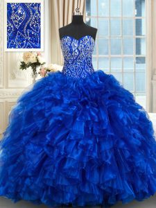 Royal Blue Ball Gowns Beading and Ruffles Quinceanera Dress Lace Up Organza Sleeveless With Train