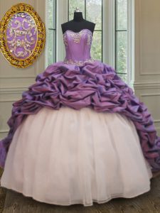 Fantastic Beading and Pick Ups 15th Birthday Dress White And Purple Lace Up Sleeveless With Train Court Train