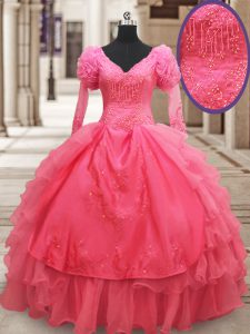 Fine Ruffled Ball Gowns Quinceanera Gowns Pink V-neck Organza Half Sleeves Floor Length Zipper