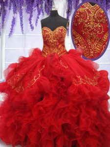 Free and Easy With Train Lace Up Quinceanera Dresses Red for Military Ball and Sweet 16 and Quinceanera with Beading and