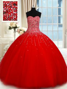 Glamorous Ball Gowns Quinceanera Dress Red Sweetheart Tulle Sleeveless Floor Length Lace Up