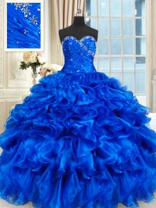 Sleeveless Floor Length Beading and Ruffles Lace Up 15th Birthday Dress with Royal Blue