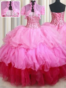 Rose Pink Ball Gowns Sweetheart Sleeveless Organza Floor Length Lace Up Ruffles and Sequins Quinceanera Gowns