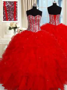 Wonderful Ruffles and Sequins 15 Quinceanera Dress Red Lace Up Sleeveless Floor Length