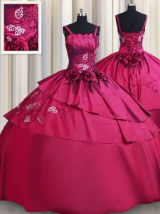 Straps Burgundy Sleeveless Satin Lace Up 15th Birthday Dress for Military Ball and Sweet 16 and Quinceanera