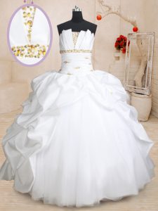 Top Selling Scoallped White Taffeta and Tulle Lace Up Sweet 16 Dress Sleeveless Floor Length Beading and Pick Ups
