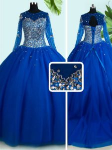 Discount Scoop Long Sleeves Brush Train Lace Up Sweet 16 Dress Royal Blue Tulle