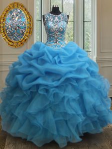 Elegant See Through Baby Blue Scoop Neckline Beading and Ruffles and Pick Ups 15th Birthday Dress Sleeveless Lace Up